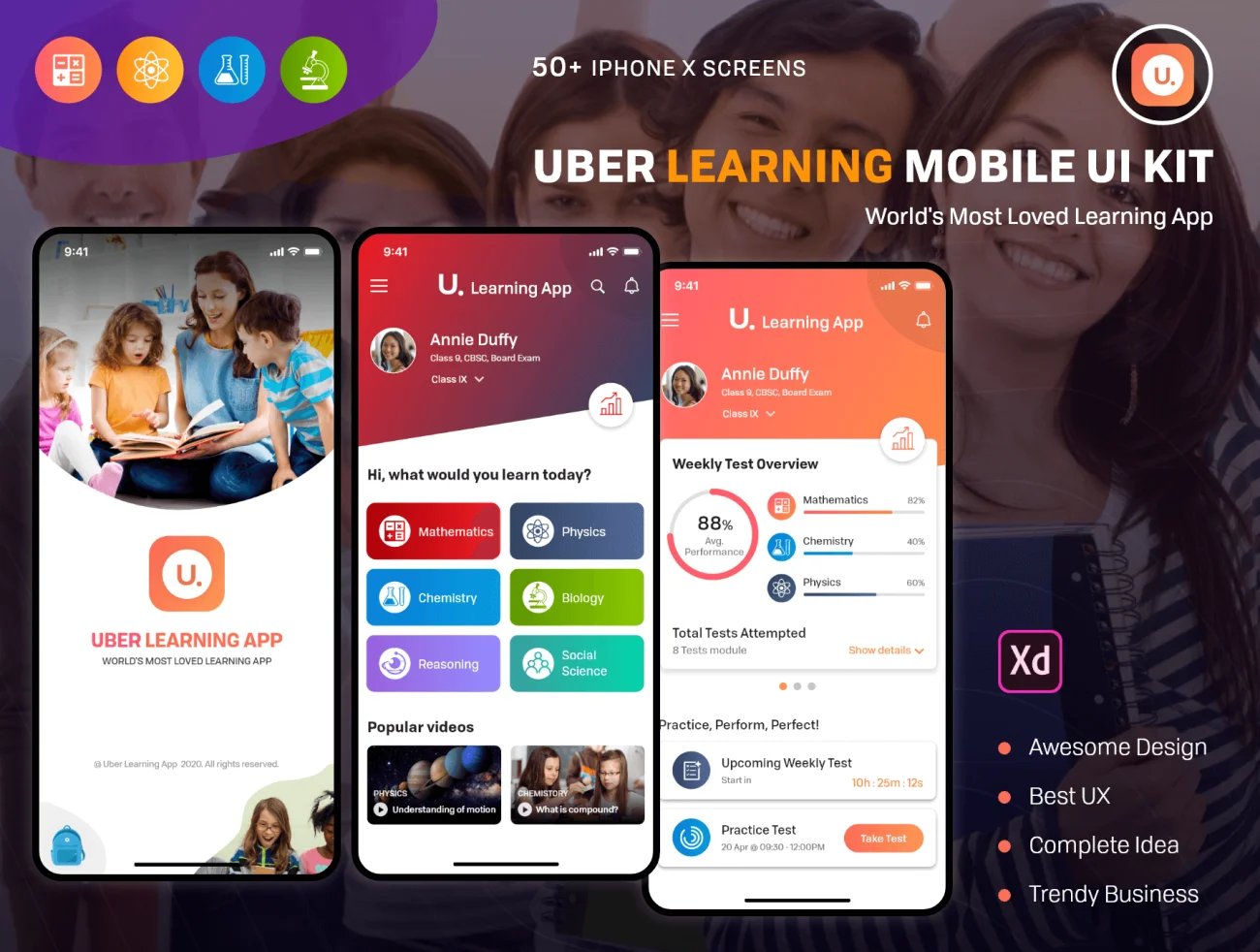 Learning Mobile App 学习教育移动应用程序-UI/UX、ui套件、主页、介绍、列表、卡片式、图表、应用、引导页、注册、登录页、着陆页、社交、网站、聊天-到位啦UI