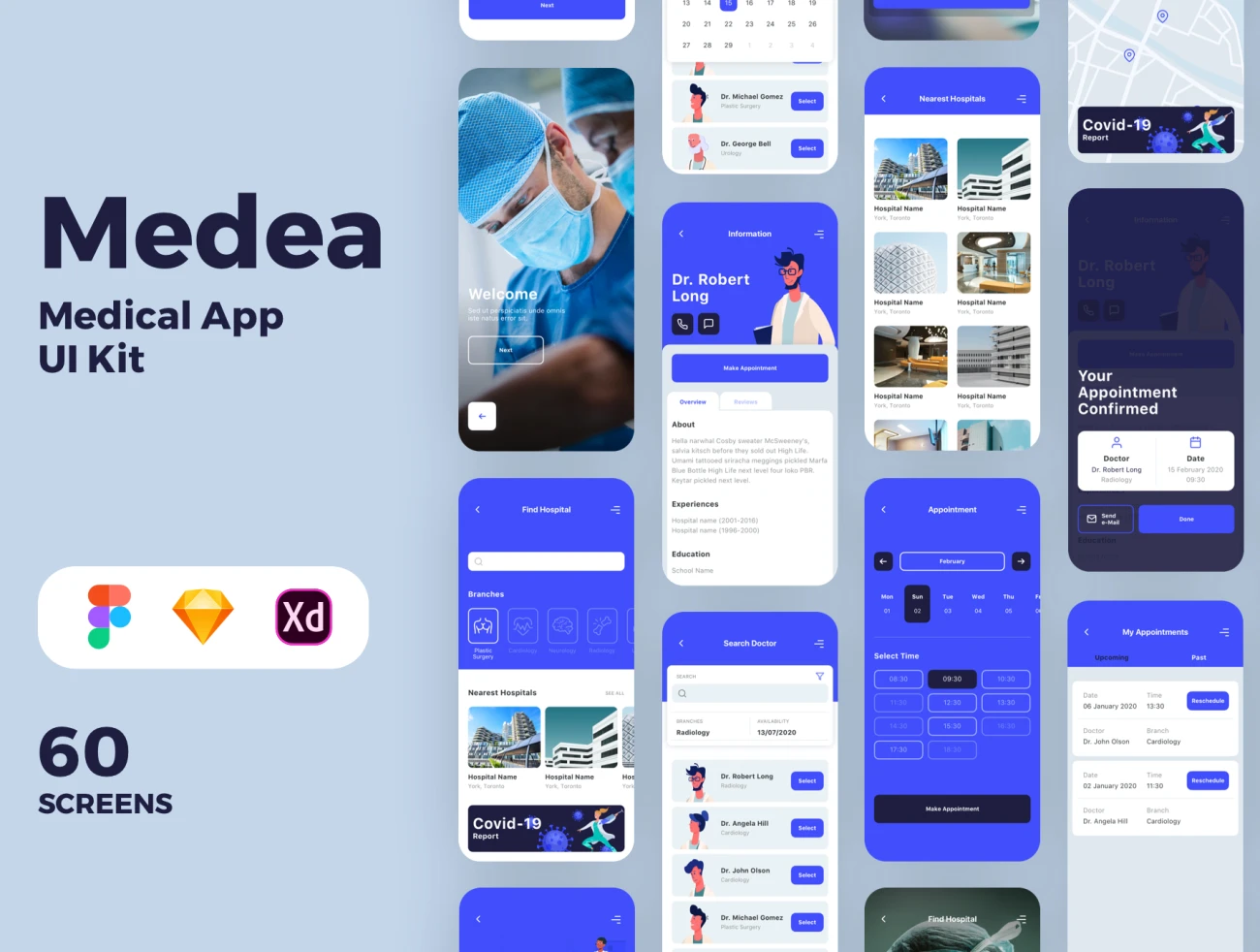 Medea Medical App UI Kit Medea医疗应用程序用户界面套件-UI/UX、ui套件、主页、介绍、付款、出行、列表、卡片式、图表、应用、引导页、日历、注册、登录页、着陆页、社交、网站、网购-到位啦UI