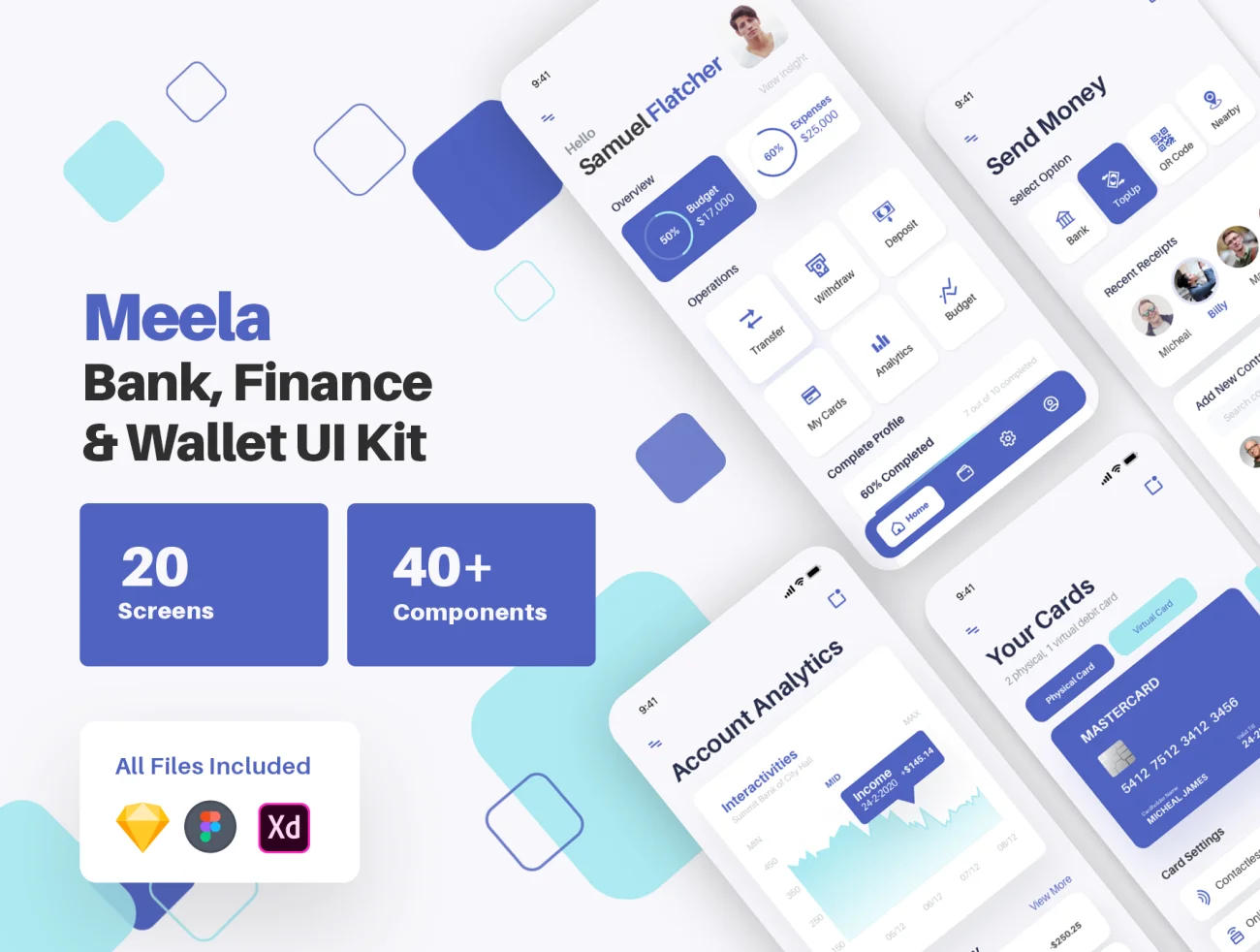 Meela - Money Transfer, Bank, Finance and Wallet App UI Kit 汇款银行金融和钱包应用程序UI套件-UI/UX、卡片式、图表、应用、电子钱包-到位啦UI