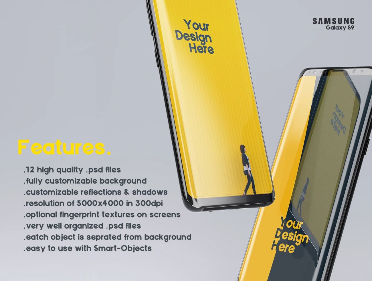 Samsung Galaxy S9 Presentation mockup Kit (part1) 三星Galaxy S9演示样机套件（第1部分）-产品展示、优雅样机、创意展示、办公样机、实景样机、手机模型、样机-到位啦UI