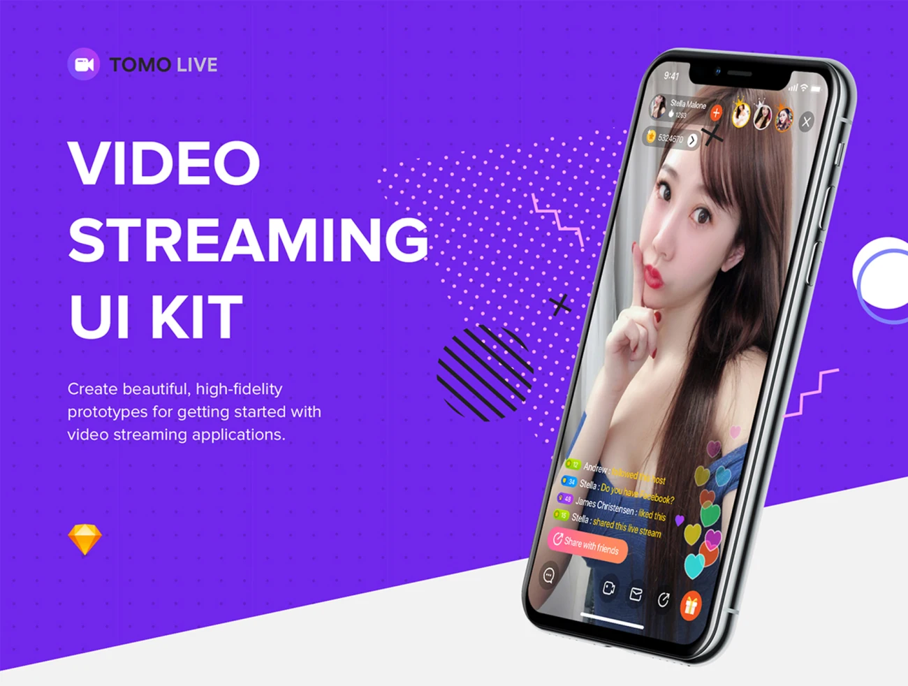 TOMO Video Live-streaming app UI Kit TOMO视频直播应用程序UI套件-UI/UX、ui套件、主页、介绍、博客、播放器、社交、聊天-到位啦UI