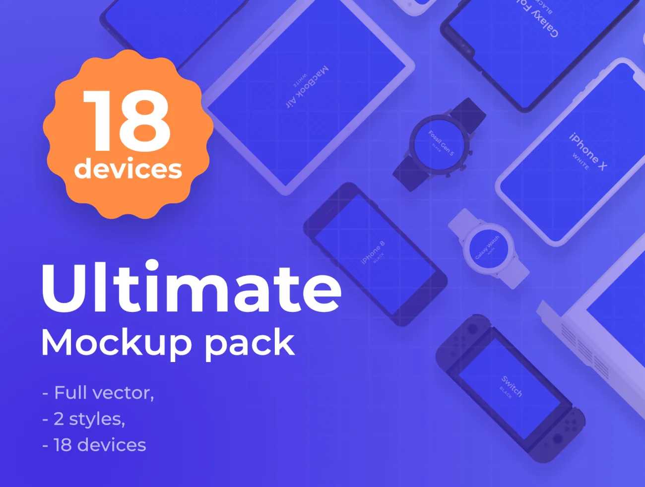 Ultimate mockup pack 18种设备终极实物虚拟模型包-产品展示、创意展示、手机模型、样机、简约样机、苹果设备-到位啦UI