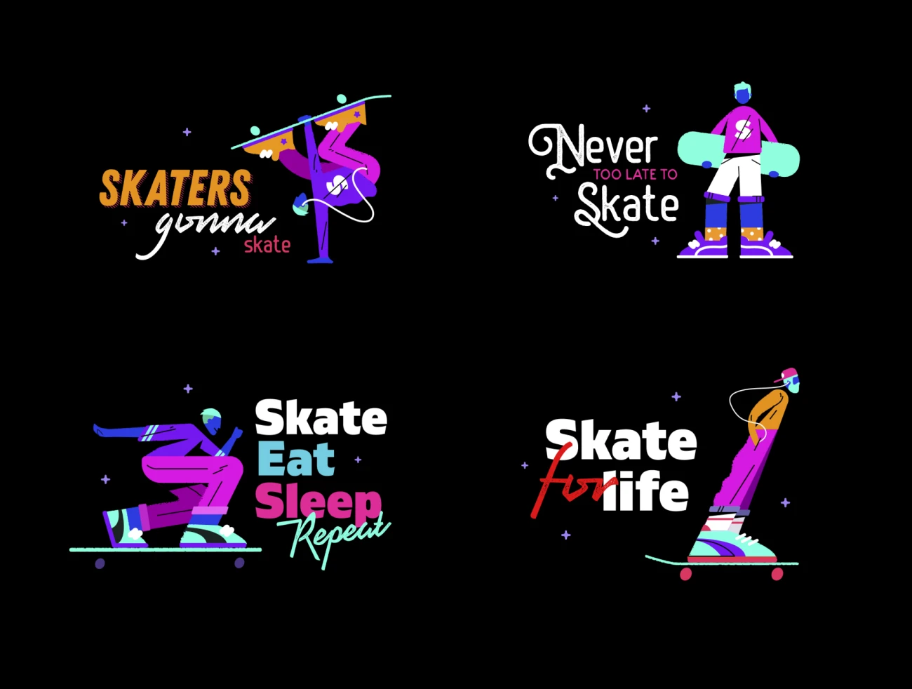 Neon skaters set 霓虹色滑板少年插画海报套装-插画-到位啦UI