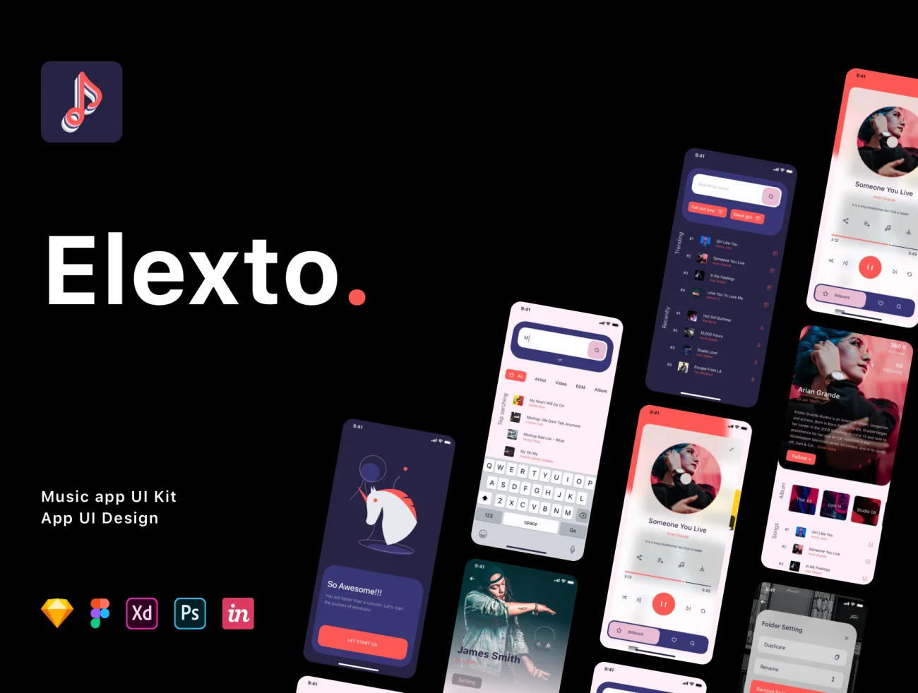 Elexto - Music App UI Kit Elexto-音乐应用程序用户界面套件-UI/UX、ui套件、应用、播放器、社交-到位啦UI