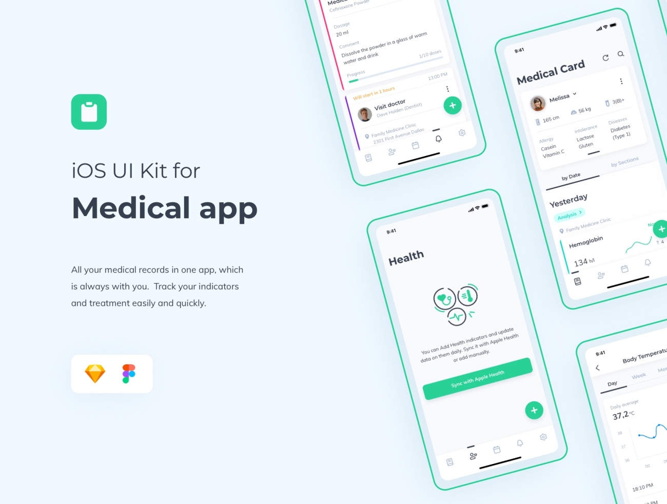Medical App UI kit for iOS iOS版医疗应用程序UI套件-UI/UX-到位啦UI