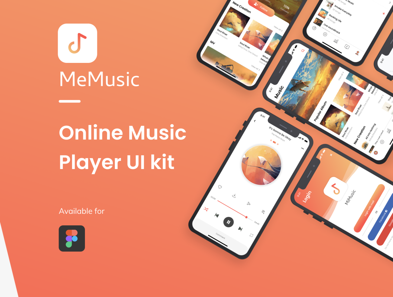Music Player App UI Kit 音乐播放器应用程序UI套件-UI/UX、ui套件、卡片式、图表、应用、播放器、注册、登录页-到位啦UI
