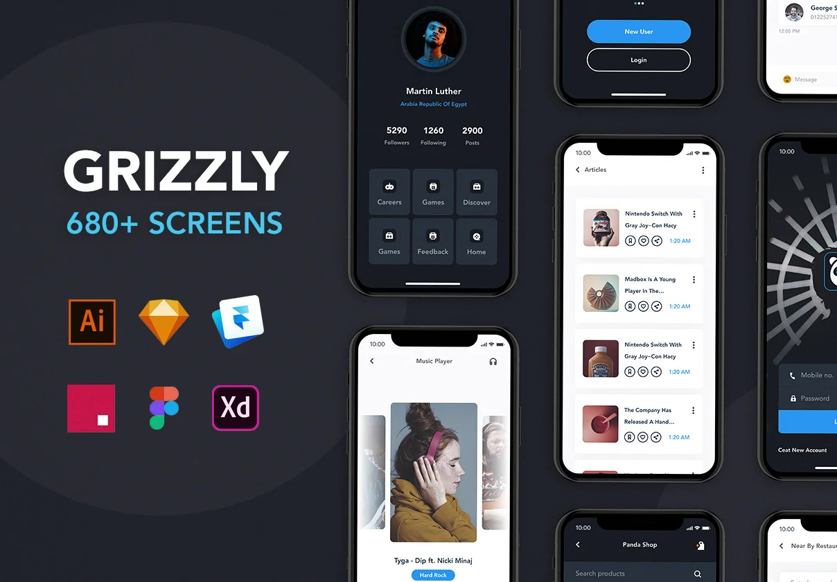 Grizzly Mobile App Ui KIt figma 680屏17大类移动应用程序通用Ui套件-UI/UX、样机、设计元素-到位啦UI