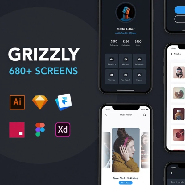 Grizzly Mobile App Ui KIt figma 680屏17大类移动应用程序通用Ui套件