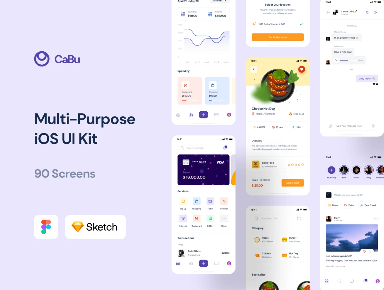 CaBu Multi-Purpose iOS UI Kit 90屏多功能iOS UI套件音乐美食运动商业-UI/UX、ui套件、卡片式、图表、应用、播放器、注册、社交-到位啦UI