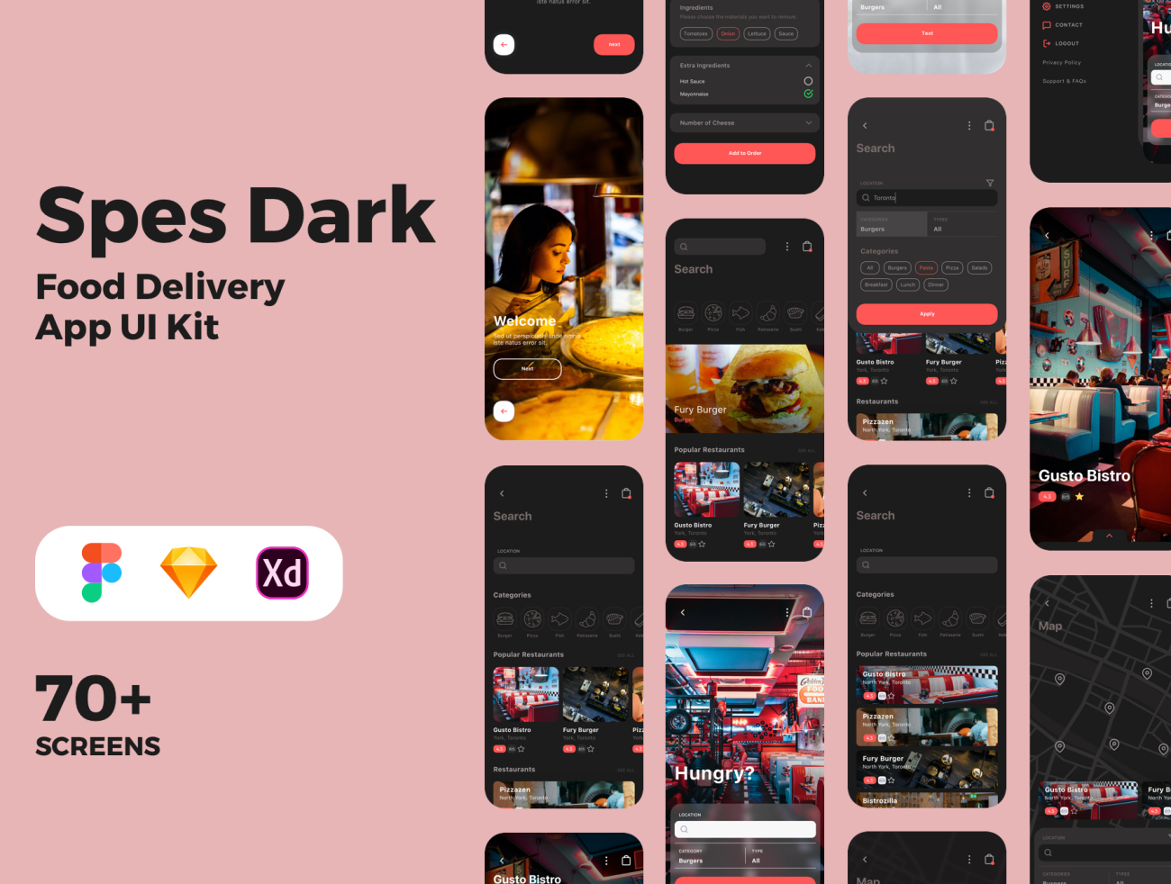 Spes Dark Food Delivery App UI Kit Spes黑暗食品配送应用程序UI套件-UI/UX-到位啦UI
