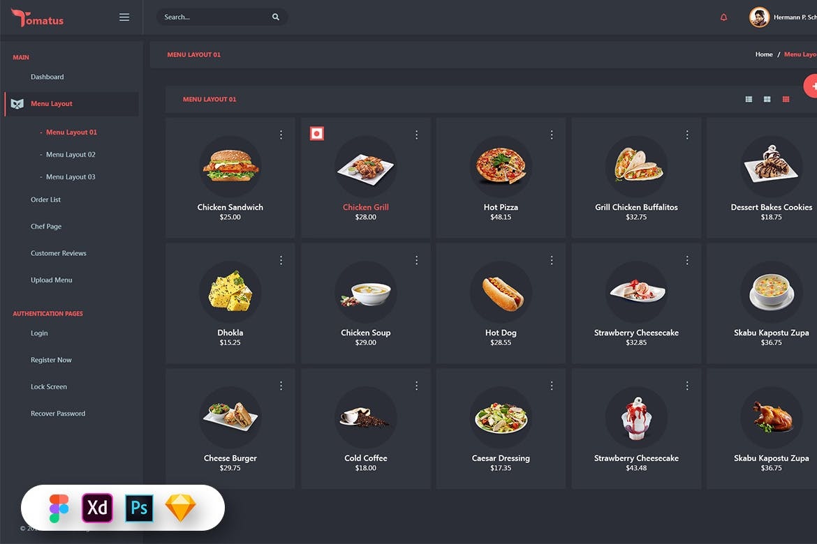 Tomatus-Restaurant Admin Dashboard UI Kit 餐厅销售数据管理仪表板UI套件-UI/UX、ui套件、列表、卡片式、图表、数据可视化-仪表板、表单-到位啦UI