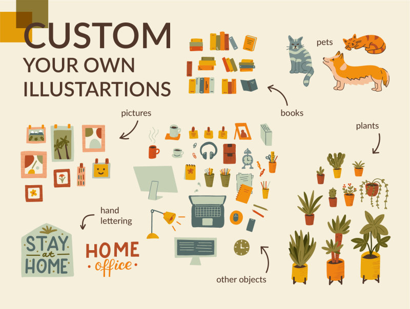 Home Office Illustration Kit 家庭办公室插画套件-人物插画、场景插画、学习生活、插画、概念创意、模块化套件、社交购物、线条手绘、职场办公、趣味漫画-到位啦UI
