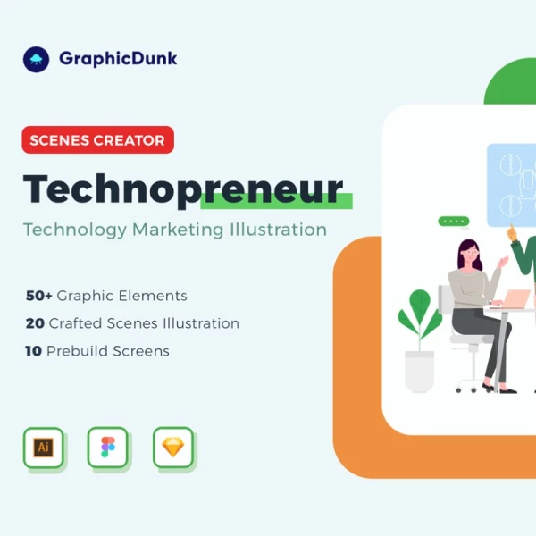 Graphicdunk - Technopreneur Illustration Scene Creator 科技市场极客工作场景插图
