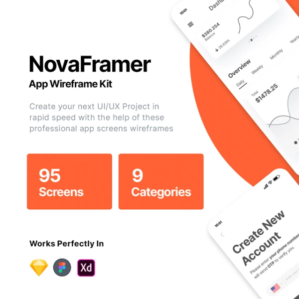 Nova App Wireframe Kit 9大类95屏应用程序线框原形套件