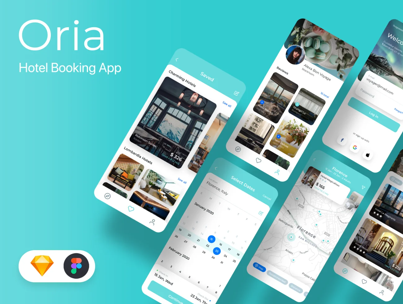 Oria Hotel Booking App UI Kit 酒店预订应用程序UI套件-UI/UX、ui套件、主页、出行、卡片式、地图、应用、日历、注册、登录页、网购、详情、预订-到位啦UI