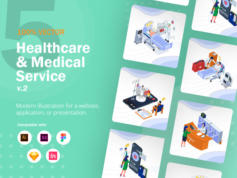 Healthcare _ Medical Service v2 医疗保健服务插画-人物插画、场景插画、插画、教育医疗、概念创意、职场办公-到位啦UI