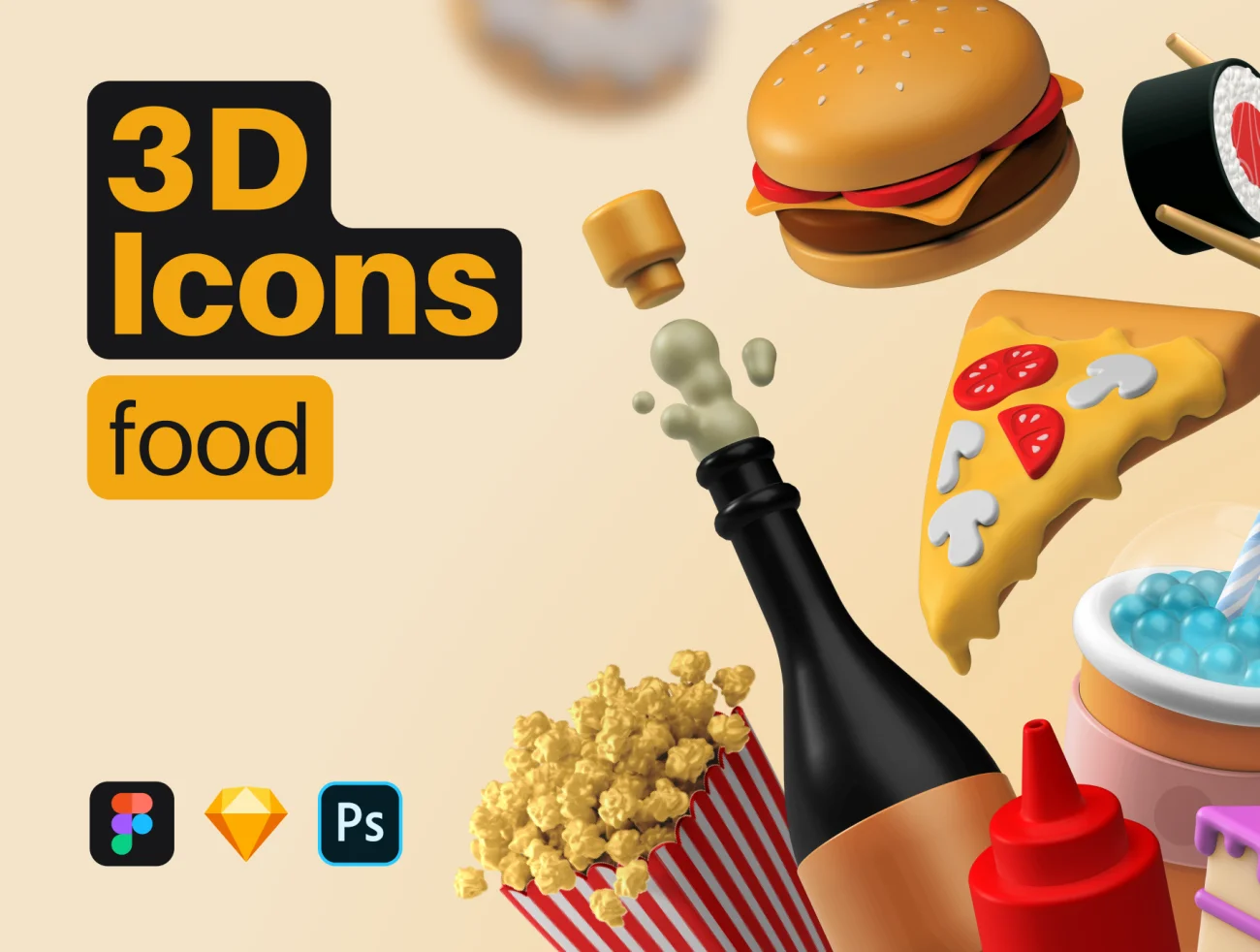 3D Icons Pack - Food (Figma) 3D图标包-食物-3D/图标-到位啦UI