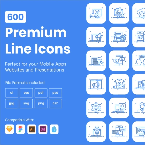 600 Premium Outline Icons 600个高级轮廓线性图标