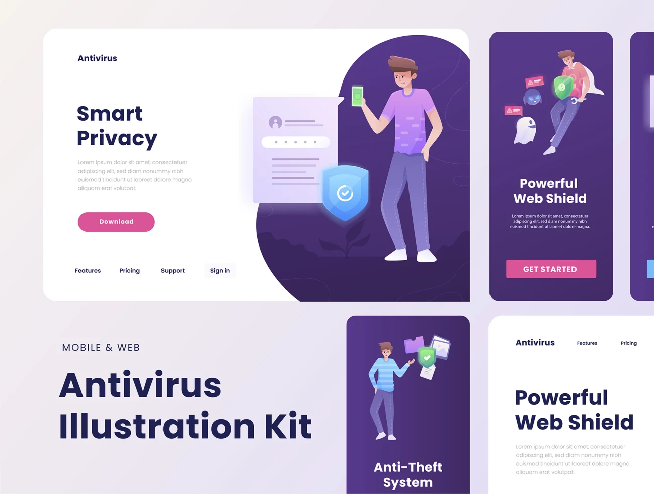 Antivirus Illustration Kit 防病毒插图包-场景插画、插画、插画功能、插画风格、概念创意、模块化套件、科技智能、营销创业-到位啦UI
