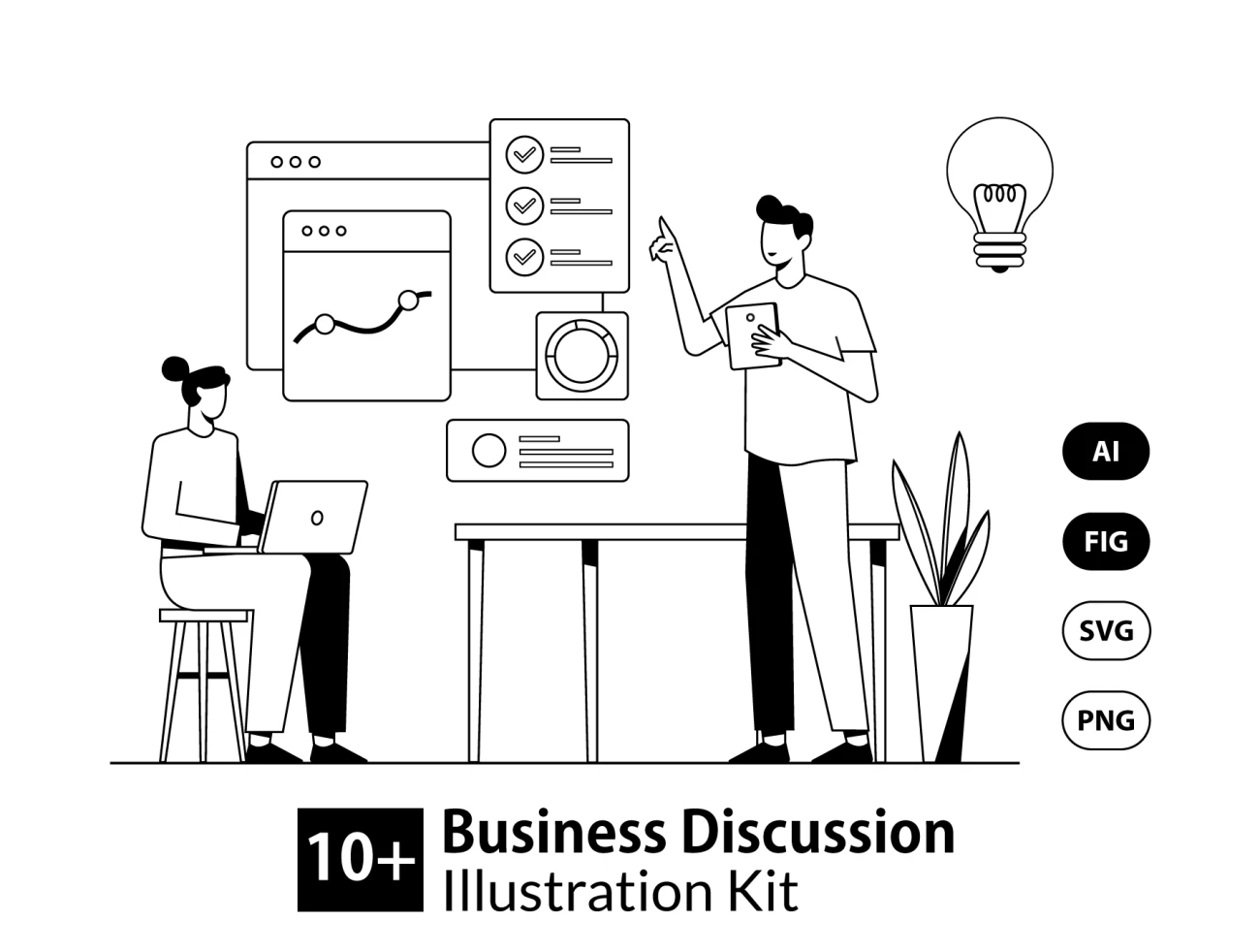 Business Discussion Illustration Kit 商业讨论手绘插图包-人物插画、商业金融、场景插画、学习生活、插画、插画功能、插画风格、数据演示、概念创意、线条手绘、职场办公、营销创业-到位啦UI