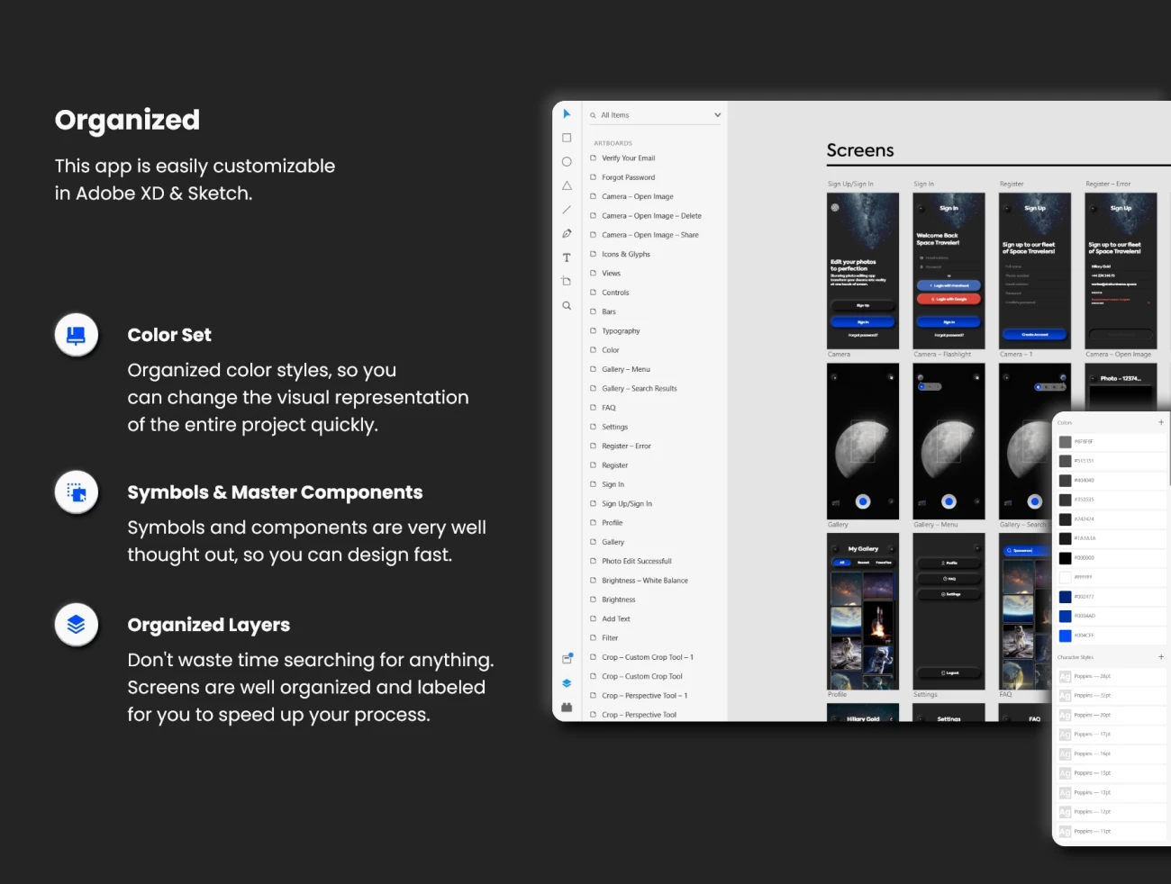 Dark Universe - Photo Editing App Neumorphic UI Kit (Dark Mode) 照片编辑应用程序新拟物风格UI套件（暗模式）-UI/UX、ui套件、主页、介绍、卡片式、应用、引导页、注册、登录页、着陆页、网站-到位啦UI