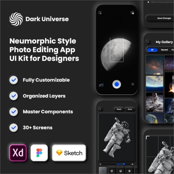 Dark Universe - Photo Editing App Neumorphic UI Kit (Dark Mode) 照片编辑应用程序新拟物风格UI套件（暗模式）