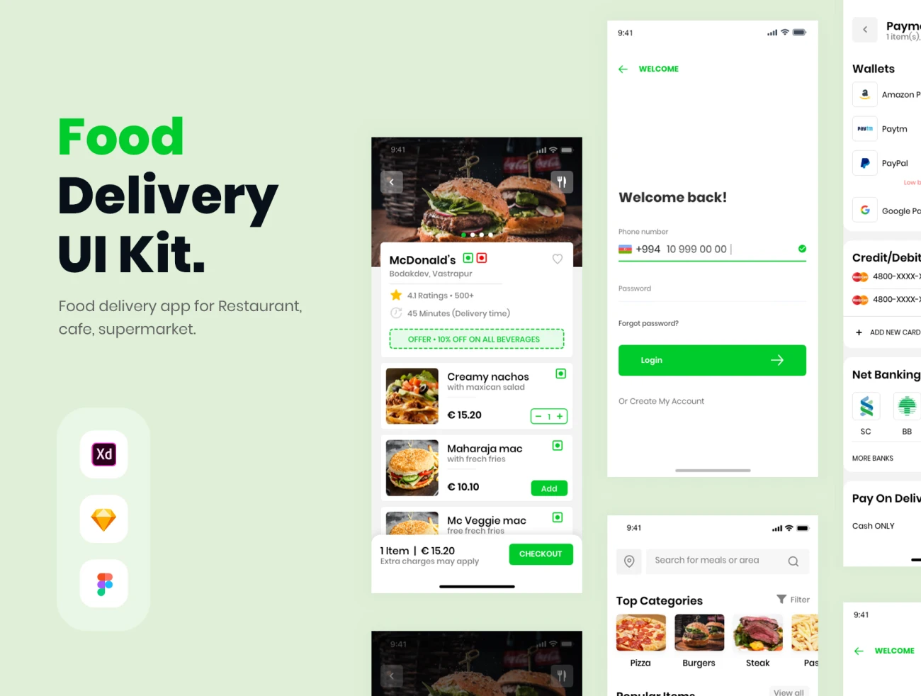 Food delivery App UI Kit 食品配送应用程序UI套件-UI/UX、ui套件、主页、介绍、出行、列表、卡片式、应用、引导页、支付、注册、登录页、着陆页、网站、网购、详情、预订-到位啦UI