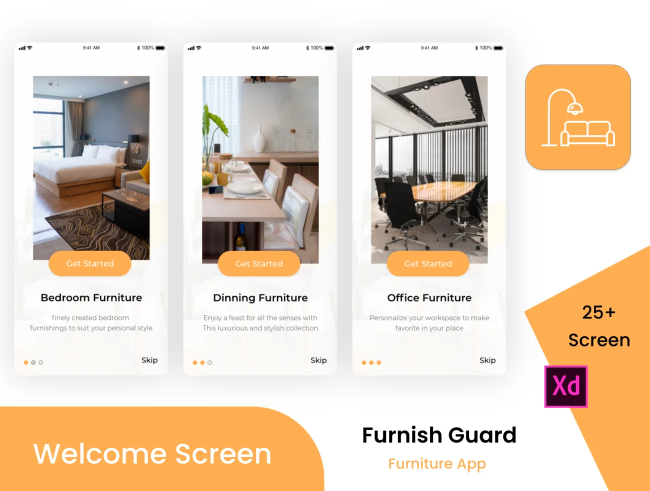 Furnish Guard Furniture App 家居家装app模板设计-UI/UX、ui套件、主页、介绍、付款、列表、卡片式、引导页、登录页、着陆页、社交、网站、网购-到位啦UI