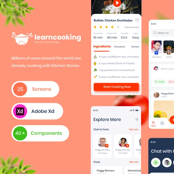 Learn Cooking - Social application for food lovers UI kit 学习烹饪-食物爱好者社交应用程序UI套件