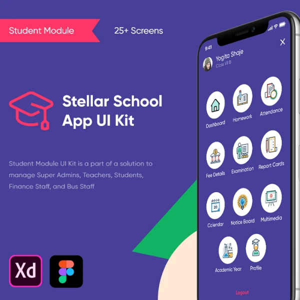 Stellar School App - Student UI Kit 学校学习应用程序学生作业课程回放用户界面工具包
