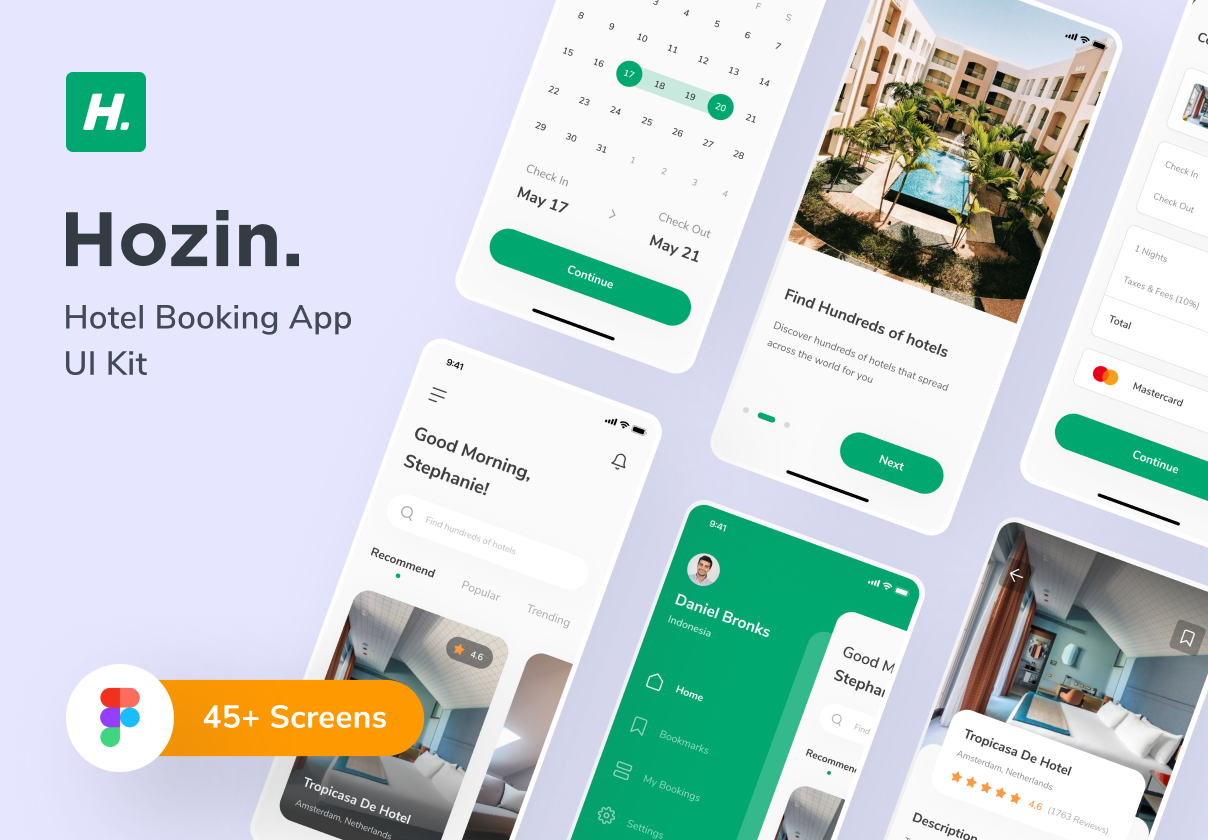Hozin - Hotel Booking UI Kit 酒店预订UI套件-UI/UX、ui套件、出行、卡片式、应用、日历、预订-到位啦UI