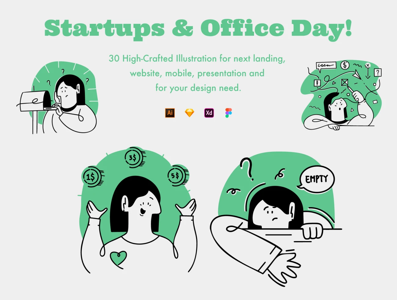 Startups Office Day 创业公司趣味漫画风办公插画-UI/UX、人物插画、场景插画、学习生活、插画、概念创意、状态页、职场办公、趣味漫画-到位啦UI