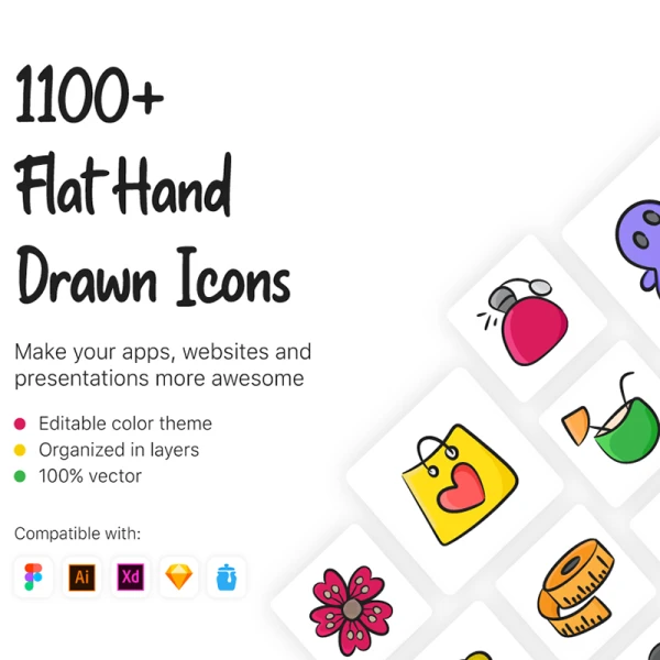 1100+ Flat Hand Drawn Icons 1100+平面手绘图标