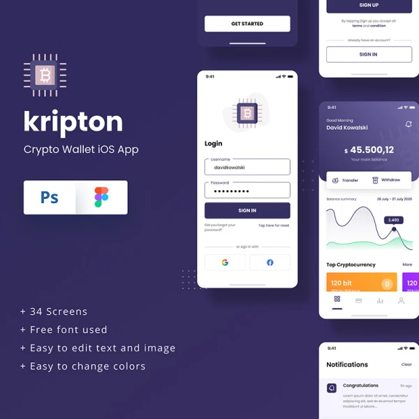 Kripton - Crypto Wallet iOS App Design Figma & PSD Template 加密钱包iOS应用程序设计