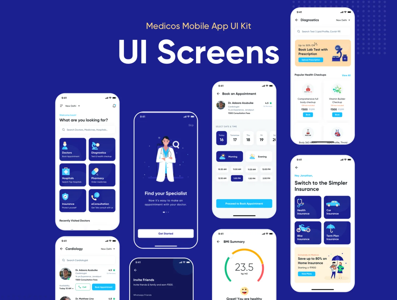 Medicos - Healthcare Mobile Sketch App UI Kit 找医生找医院预约治疗医疗保健移动应用程序用户界面套件-UI/UX-到位啦UI