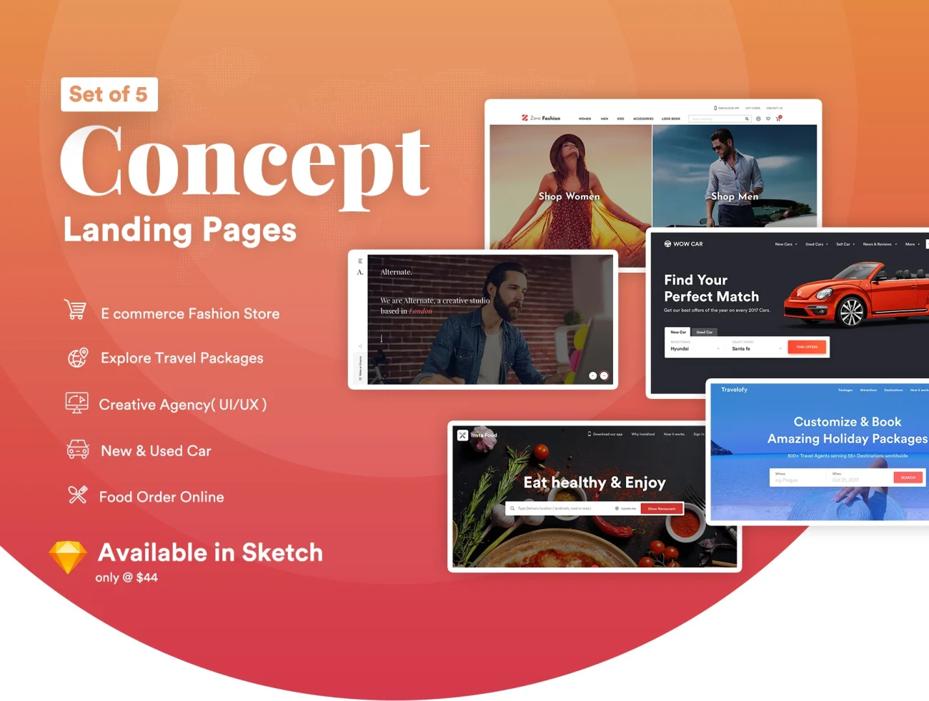 5 Concept Landing Page Template 5个概念登录页模板-ui套件、主页、介绍、列表、卡片式、登录页、着陆页、网站-到位啦UI