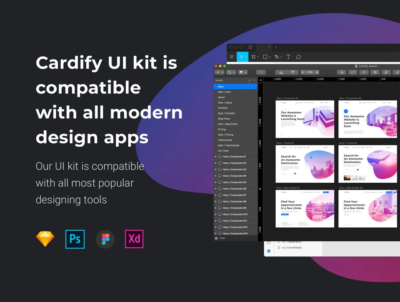 Cardify Startup UI Kit(psd) 启动UI套件psd-ui套件、主页、介绍、列表、卡片式、引导页、海报、社交、网站、表单-到位啦UI