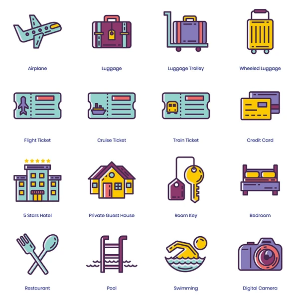 96 Travel Icons Lilac Series 96个旅行图标淡紫色系列