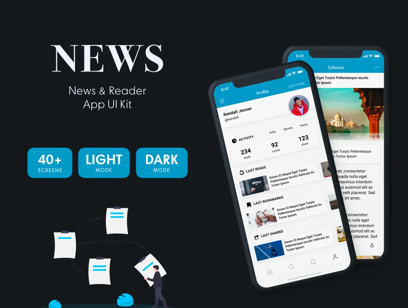 News & Reader Mobile App UI Kit(sketch) 新闻和阅读器移动app应用用户界面工具包-UI/UX、ui套件、主页、介绍、列表、博客、卡片式、应用、引导页、播放器、注册、登录页、着陆页、社交、网站、表单、详情-到位啦UI
