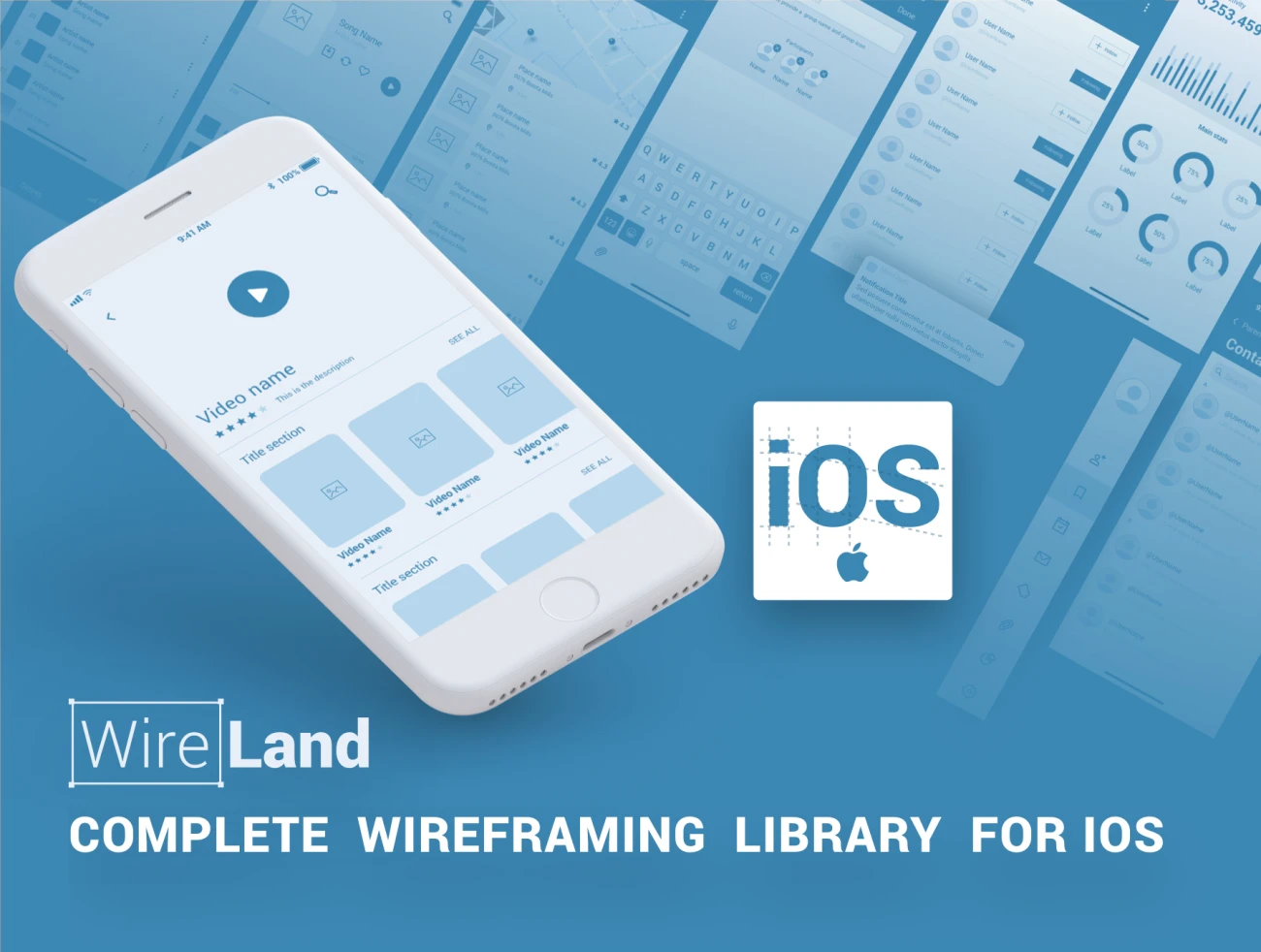 Wireland for iOS iOS版原型线框图套件-ui套件、主页、介绍、列表、博客、卡片式、图表、应用、引导页-到位啦UI