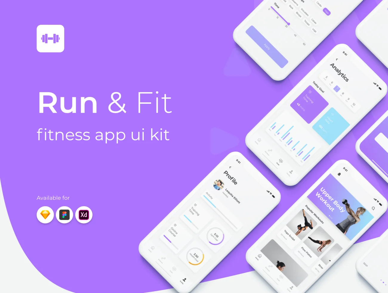 Run&Fit Fitness App UI Kit 跑步健身app应用UI套件-UI/UX、ui套件、主页、介绍、卡片式、图表、应用、引导页、播放器、登录页、着陆页、社交、网站、聊天-到位啦UI