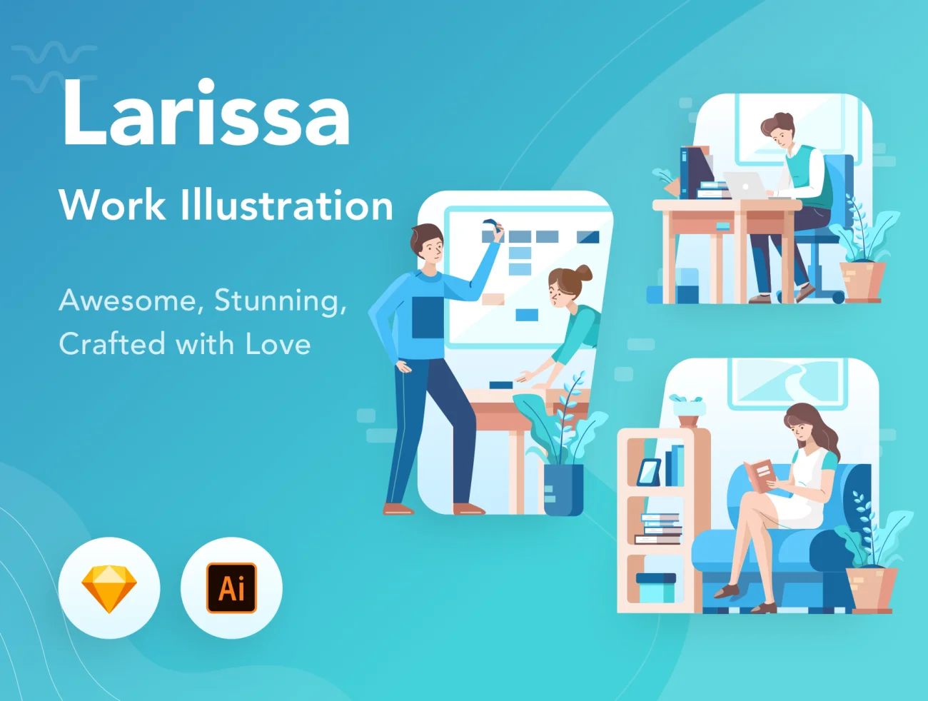 Larissa Work Illustration 工作办公生活客服会面互帮互助插图作品-人物插画、人物模特、场景插画、学习生活、插画、社交购物、线条手绘、职场办公、营销创业-到位啦UI