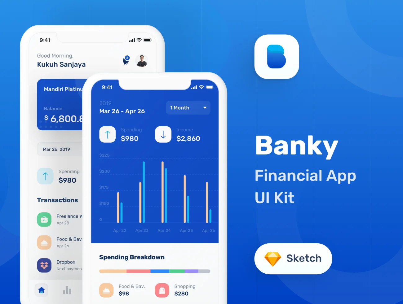 Banky - Finance App UI Kit 蓝色金融app应用UI套件-UI/UX、ui套件、主页、介绍、付款、列表、卡片式、应用、引导页、支付、数据可视化-仪表板、电子钱包、登录页、着陆页、网站、表单-到位啦UI