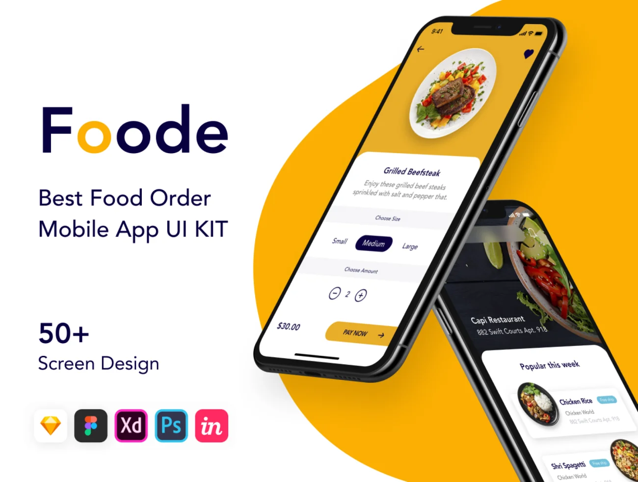 Foode - Best Food Order Mobile App 外卖点餐食品订单应用界面设计-UI/UX、ui套件、主页、介绍、付款、列表、卡片式、应用、引导页、支付、注册、登录页、着陆页、社交、网站、网购、表单、预订-到位啦UI