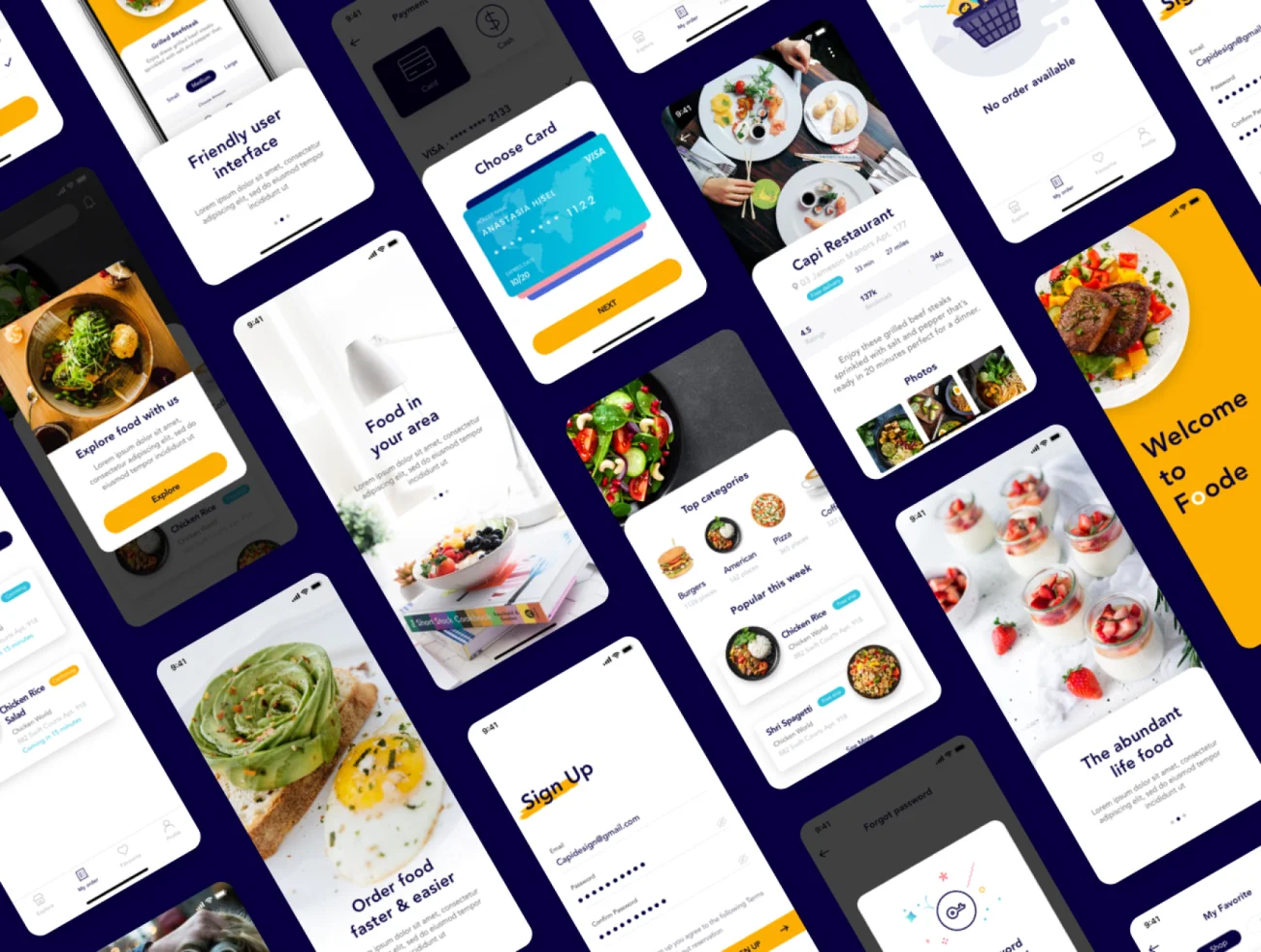 Foode - Best Food Order Mobile App 外卖点餐食品订单应用界面设计-UI/UX、ui套件、主页、介绍、付款、列表、卡片式、应用、引导页、支付、注册、登录页、着陆页、社交、网站、网购、表单、预订-到位啦UI