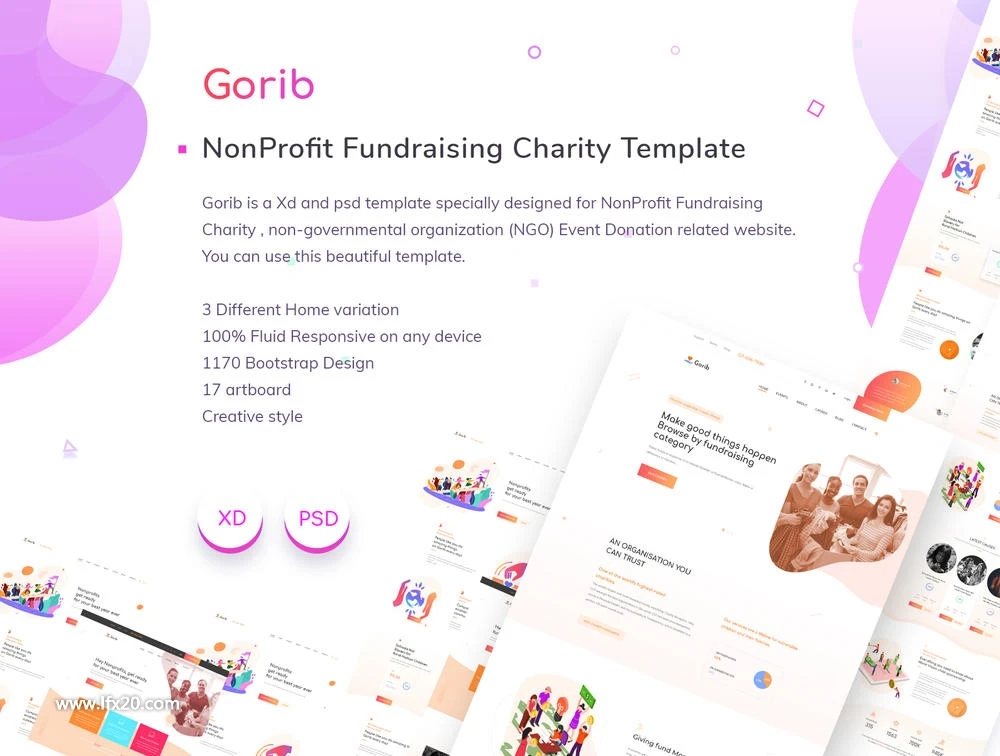 Gorib - Creative NonProfit Fundraising Charity Template(xd) 创意非营利募捐慈善模板xd-专题页面-到位啦UI
