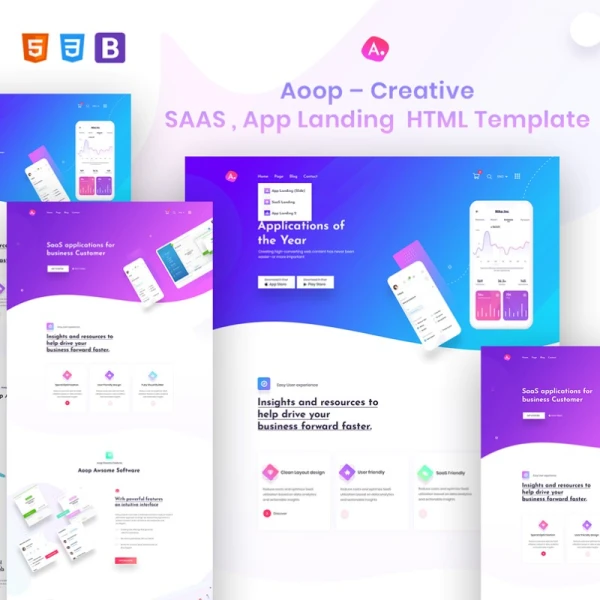 Aoop - SaaS  App Landing HTML Template 着陆页公司机构网站模板网页设计HTML模板