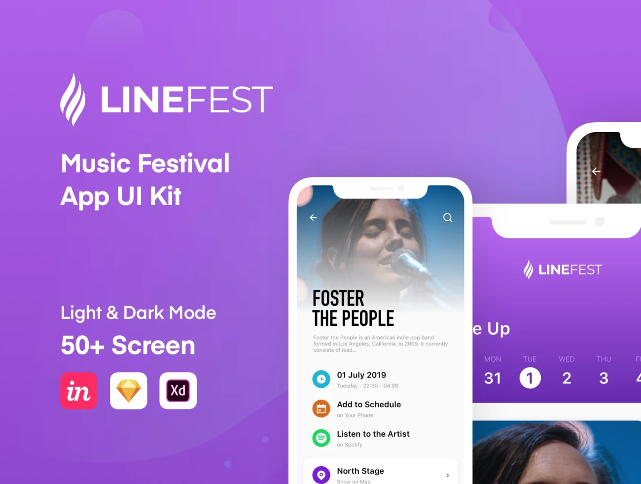LineFest Music Festival Mobile App UI Kit Studio 音乐节以及日程应用套装-UI/UX、ui套件、卡片式、应用、播放器、日历、预订-到位啦UI