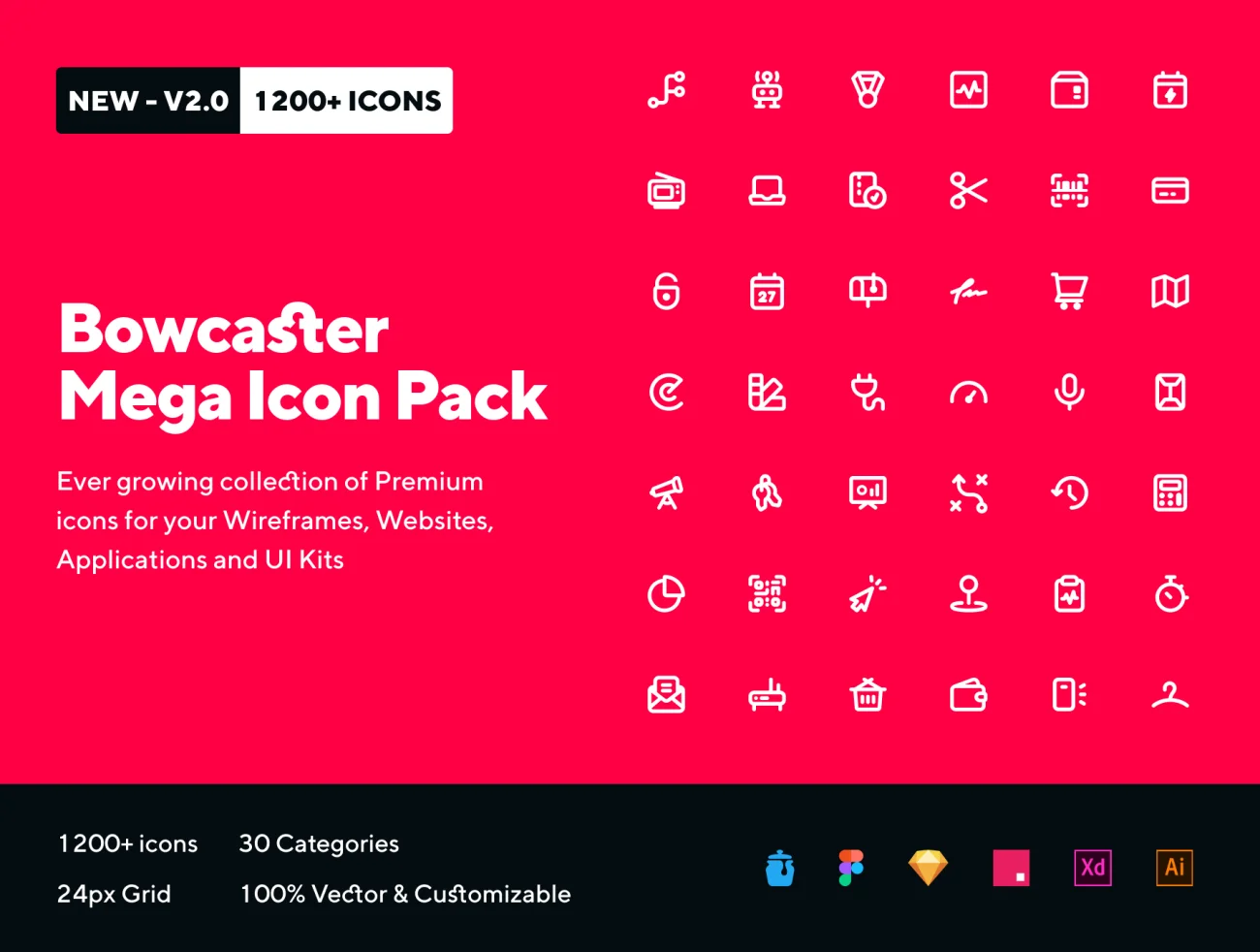 Bowcaster Mega Icon Pack 30个类目1200个通用单色线条图标合集适用不同场景-3D/图标-到位啦UI