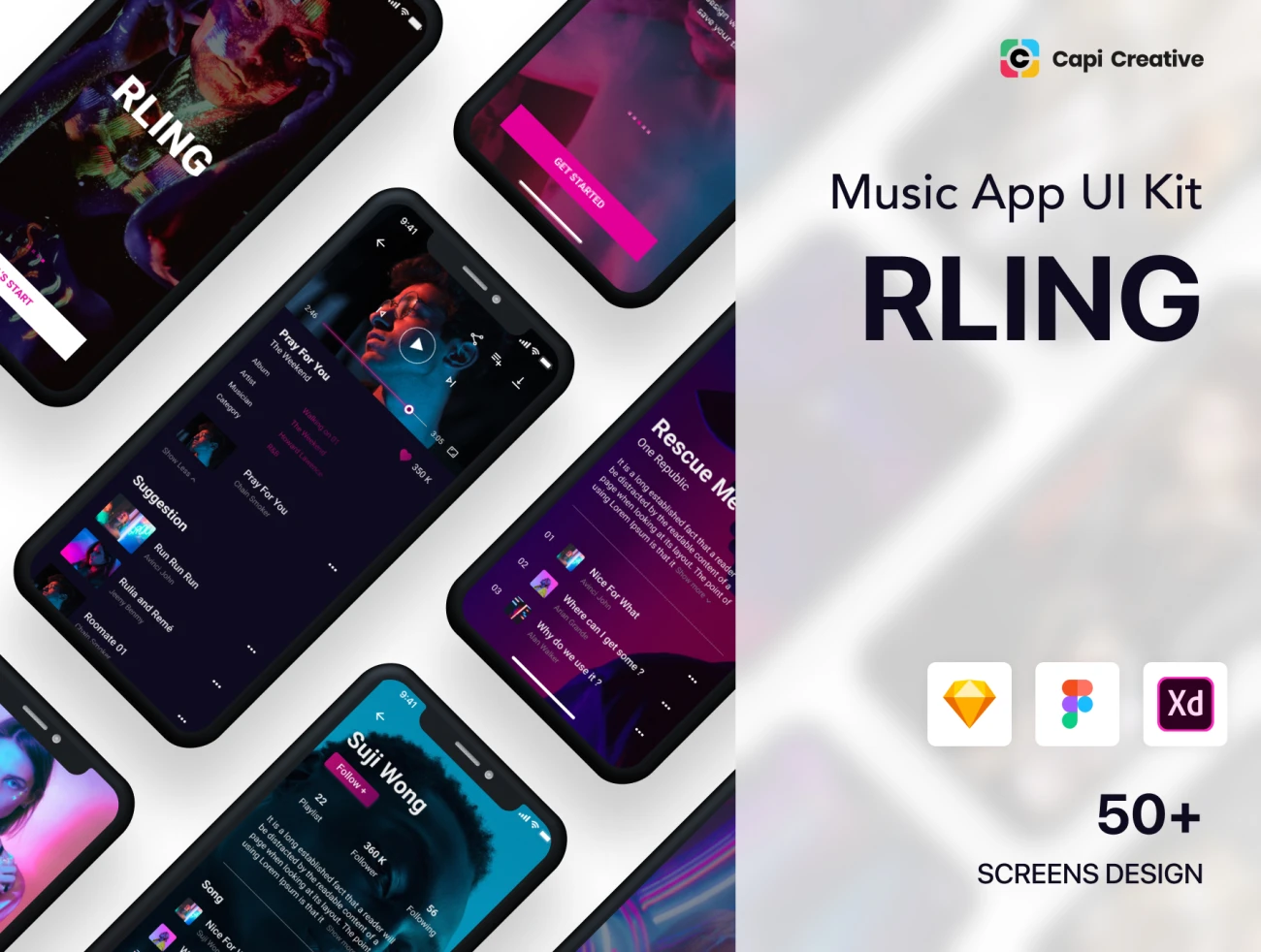 RLing Amazing Music App UI Kit 神奇夜店风音乐app应用UI套件-UI/UX、ui套件、应用、播放器-到位啦UI